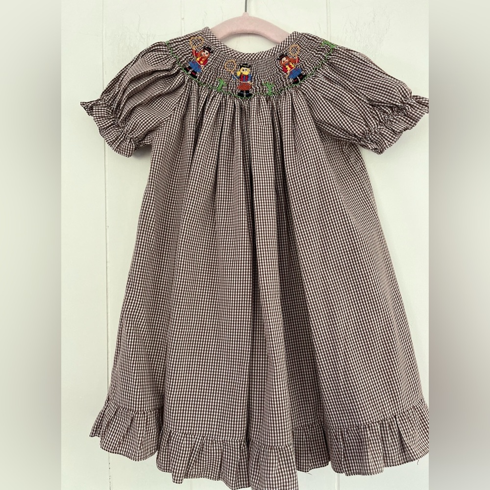 Silly Goose Smocked Cowgirls Brown White Gingham Plaid Dress Size 12 Months - Picture 2 of 16